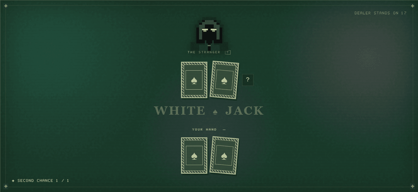 White Jack pixel-art blackjack table with cards and the anonymous dealer